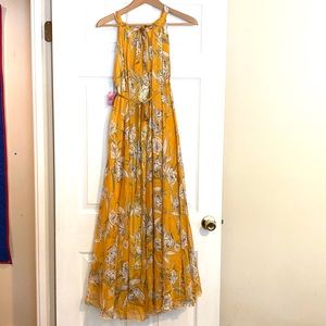 Chicwish NWT mustard yellow long floral dress with tie waist. Length approx 52”.